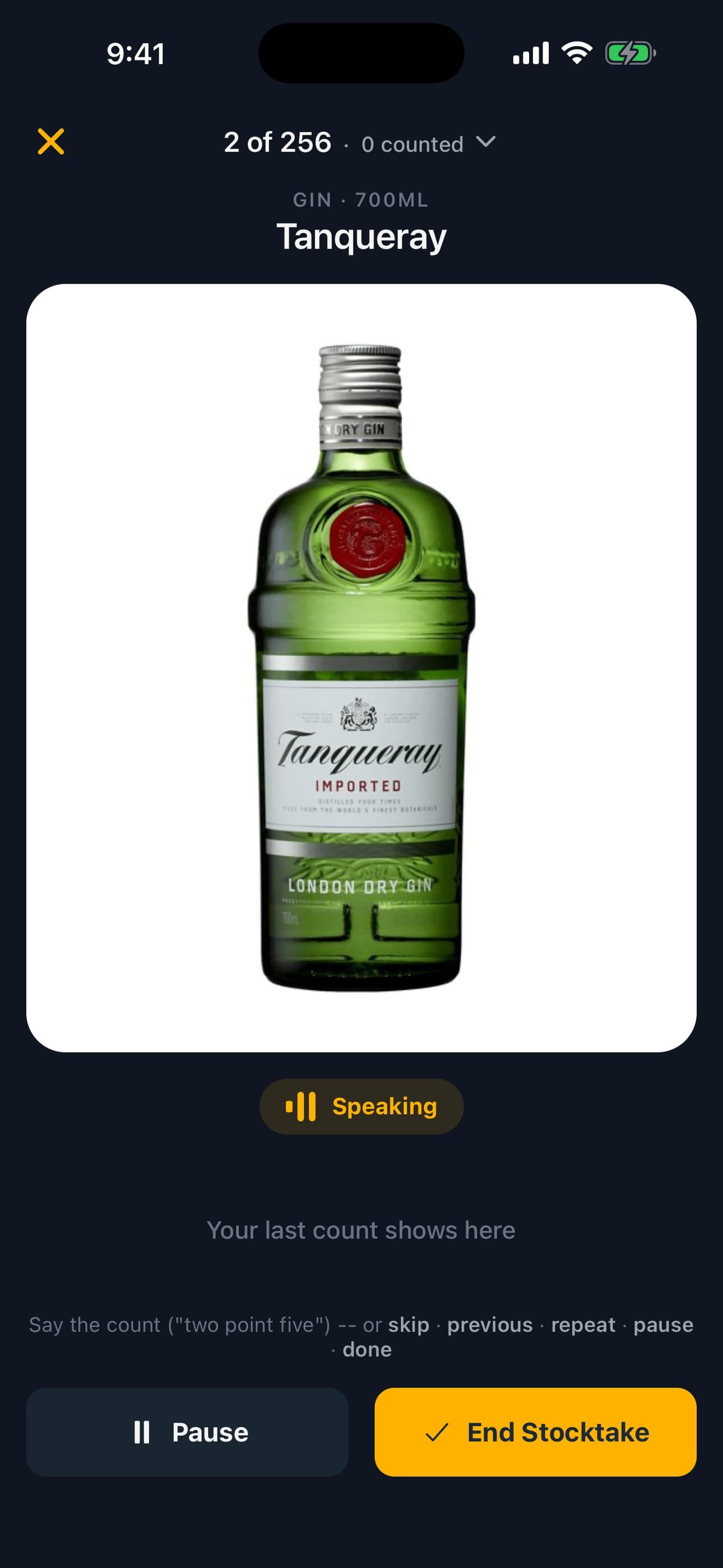 Lixor hands-free voice stocktake screen showing a 700ml bottle of Tanqueray gin, with the app speaking and an End Stocktake button.