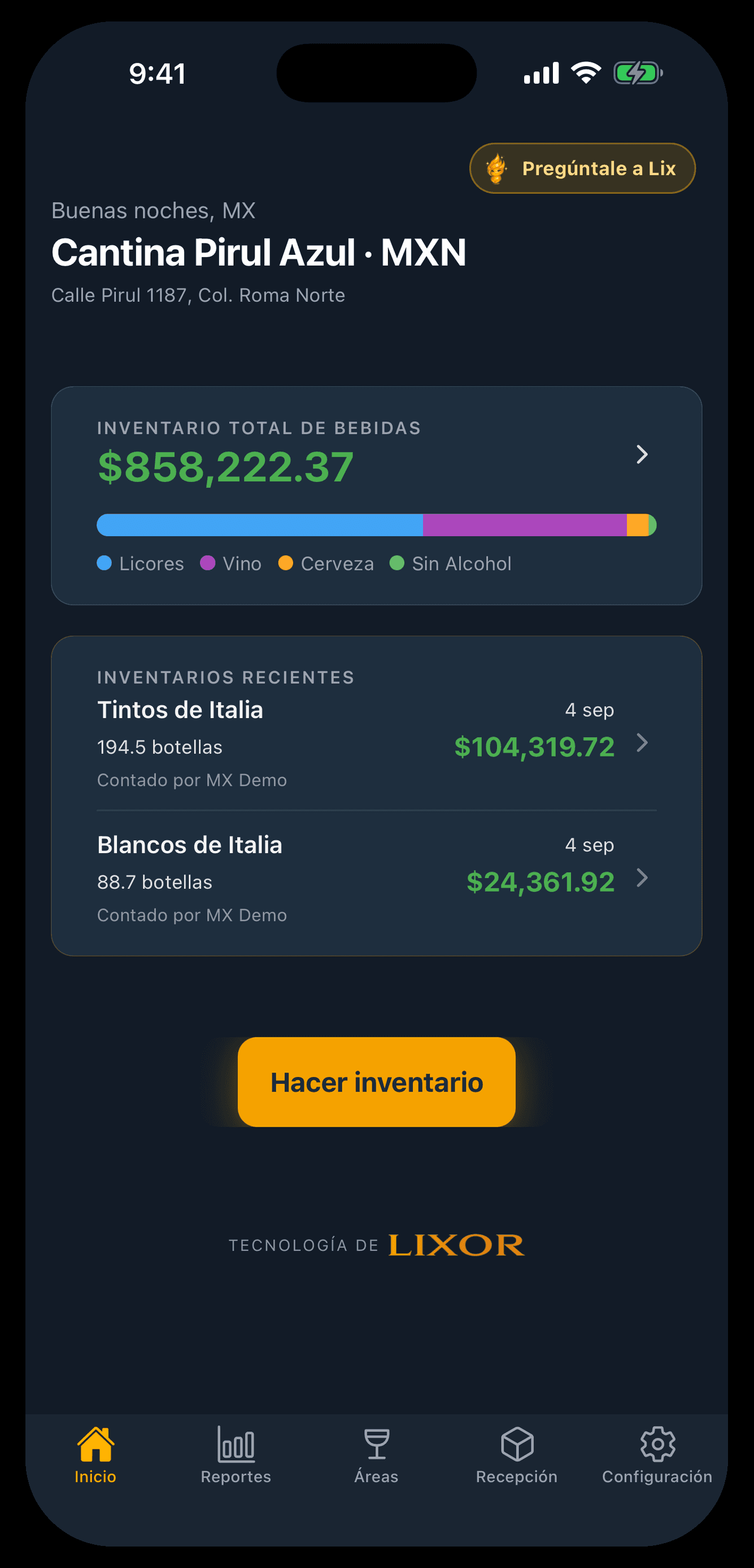 Panel móvil de Lixor con el valor del inventario, los inventarios recientes y el estado del inventario en equipo