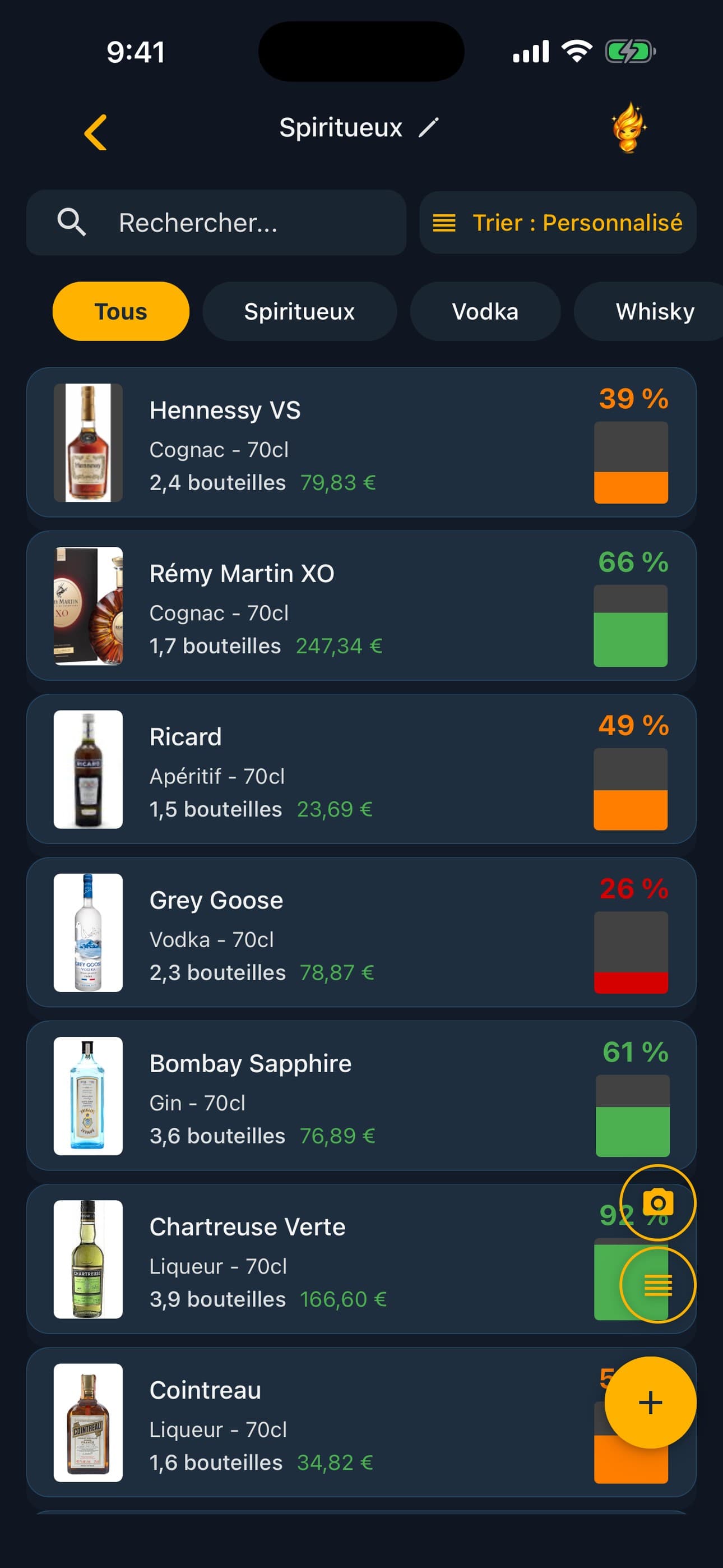 Liste des bouteilles de l’application d’inventaire de bar Lixor, avec photos et niveaux
