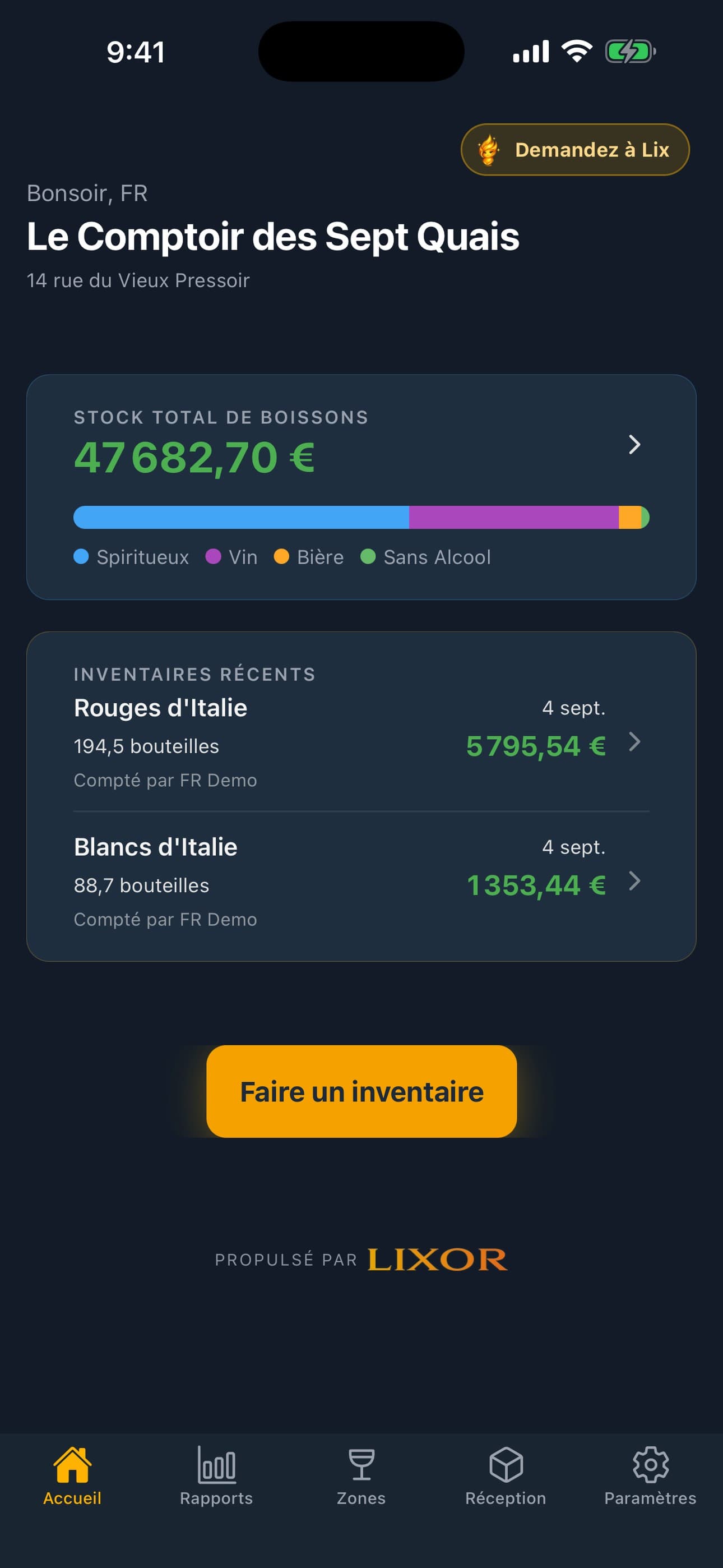 Écran d’accueil de l’application d’inventaire de bar Lixor sur iPhone