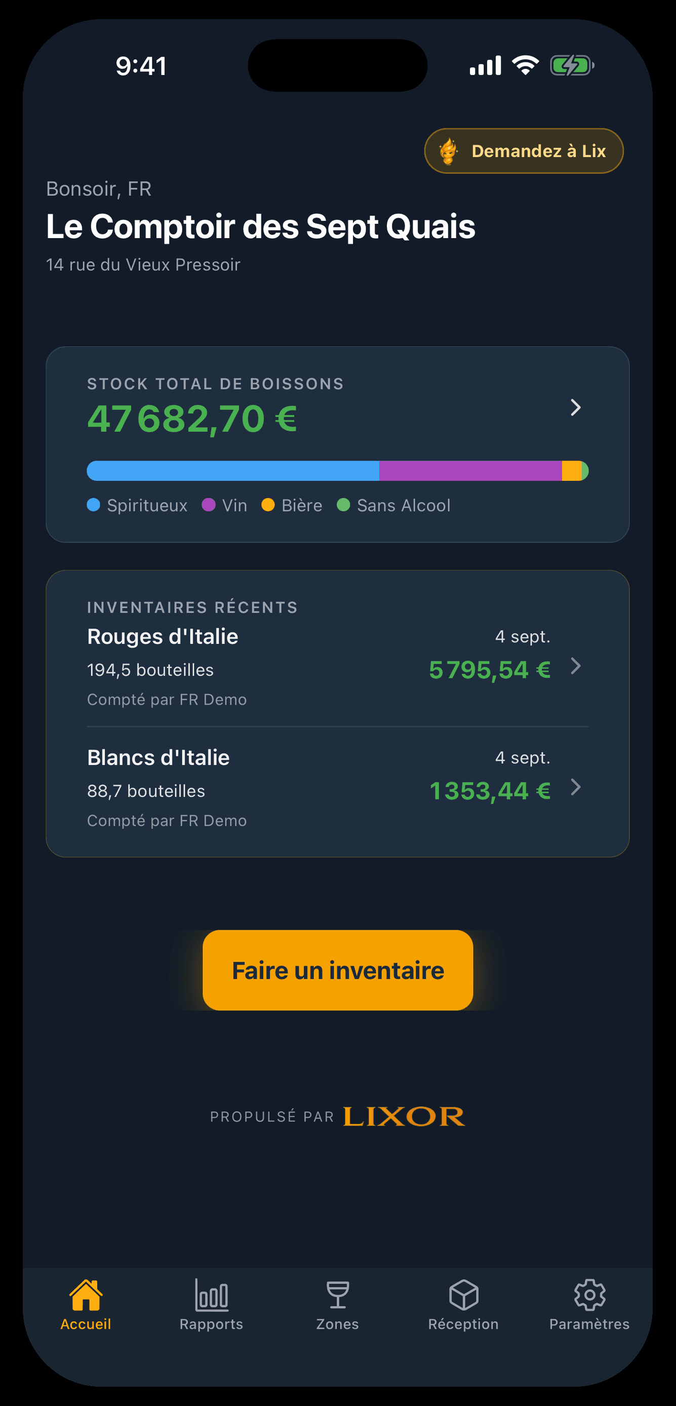 Tableau de bord mobile Lixor affichant la valeur du stock, les derniers inventaires et l’état de l’inventaire d’équipe