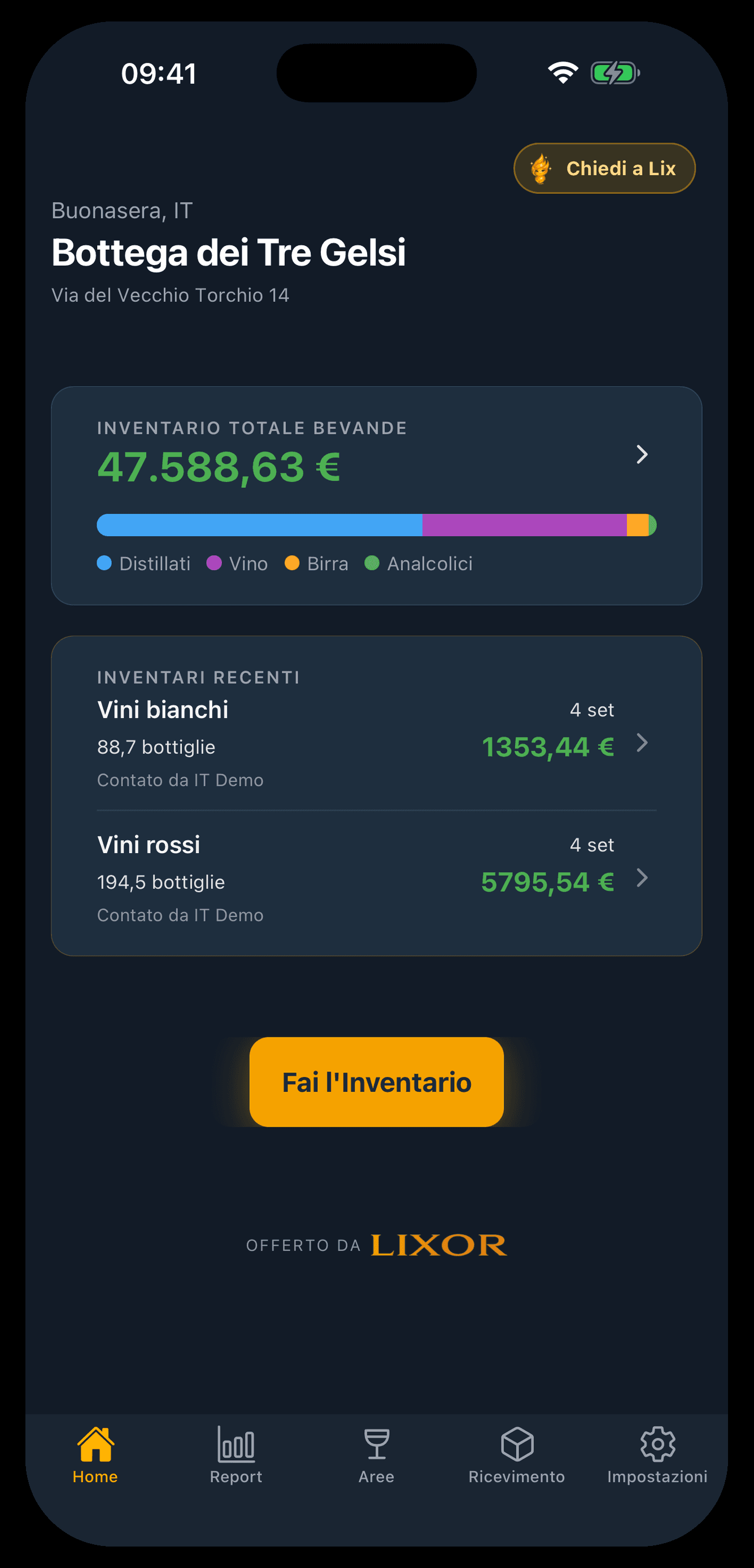 Dashboard mobile di Lixor con il valore dell'inventario, gli inventari recenti e lo stato dell'inventario di team