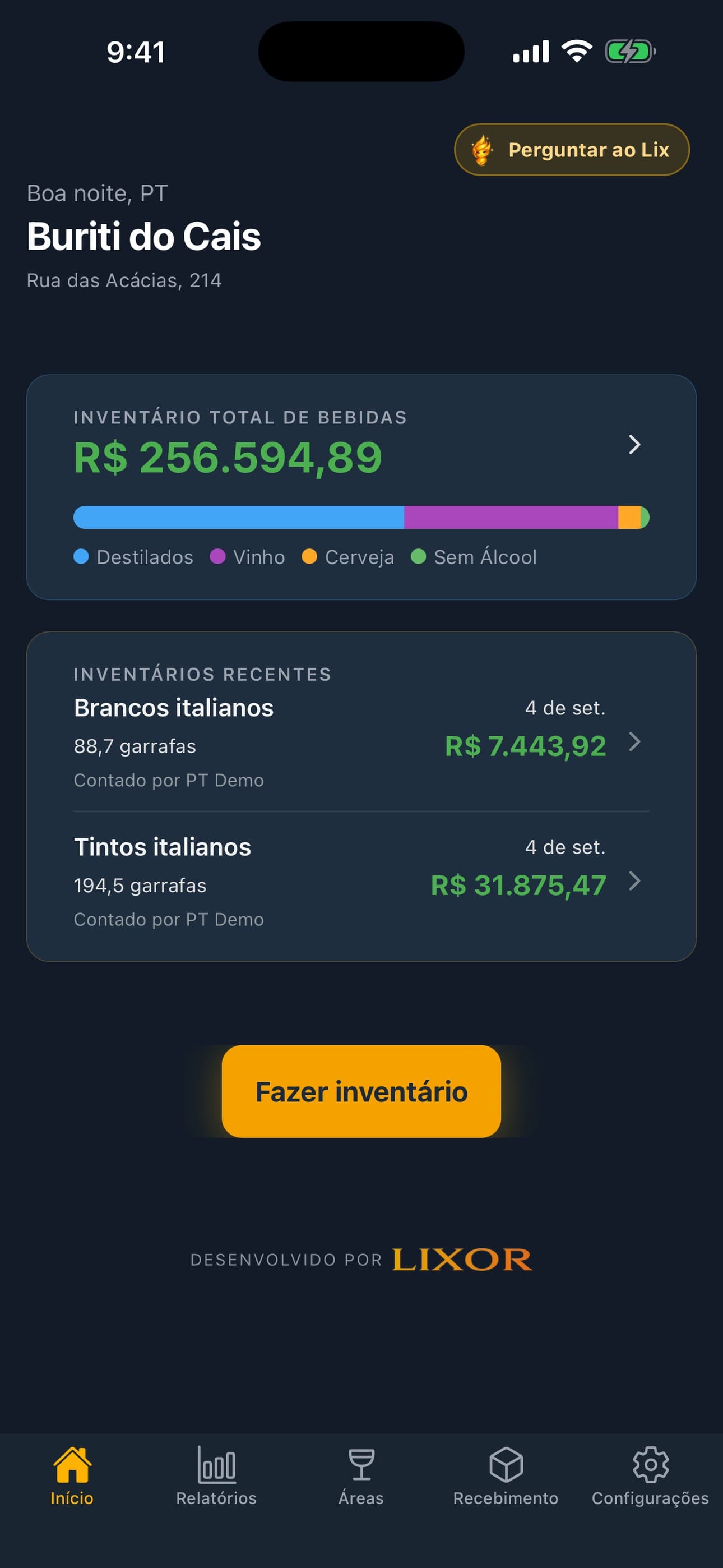 Tela inicial do aplicativo de estoque de bar Lixor no iPhone