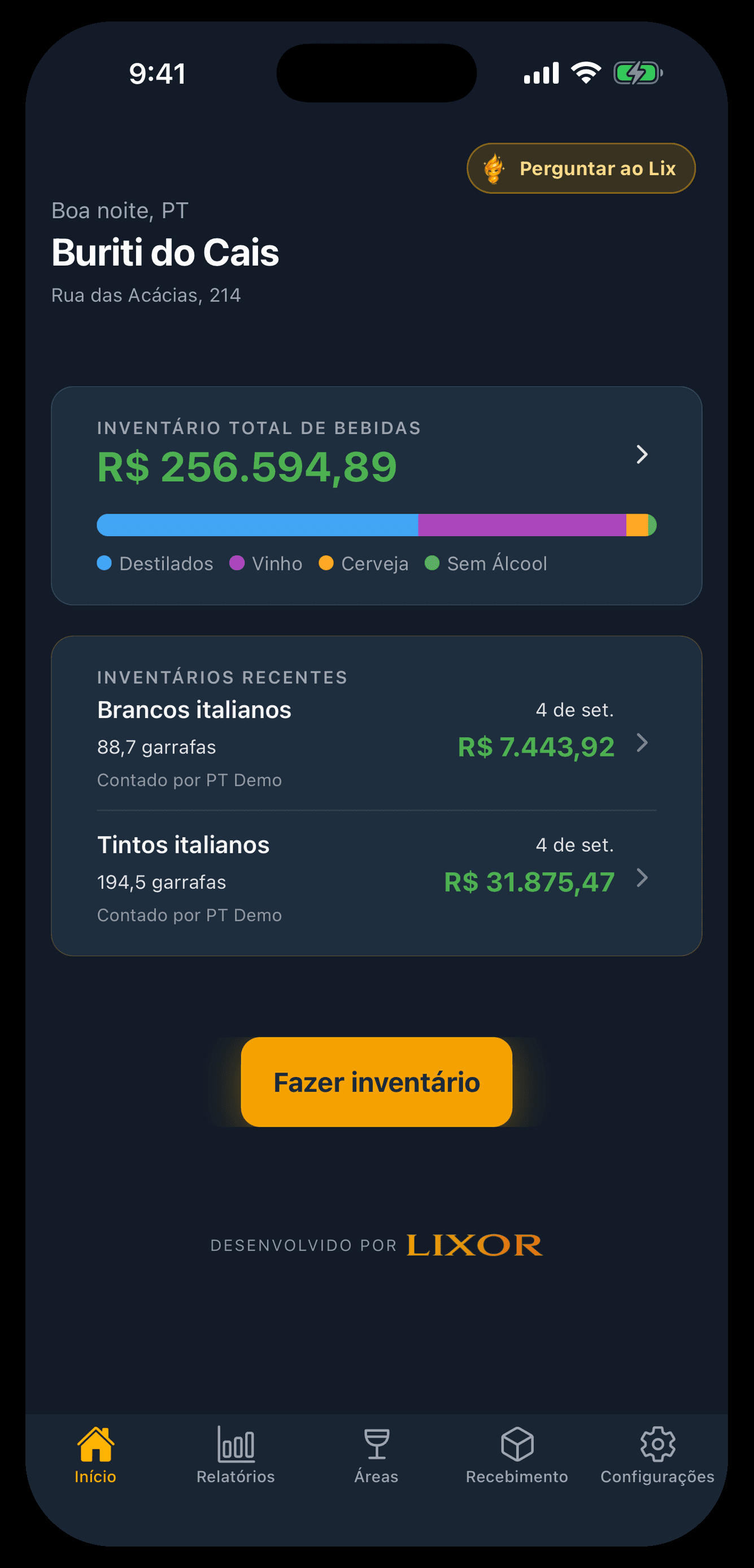 Painel do Lixor no celular, mostrando o valor do estoque, os inventários recentes e o andamento do inventário em equipe