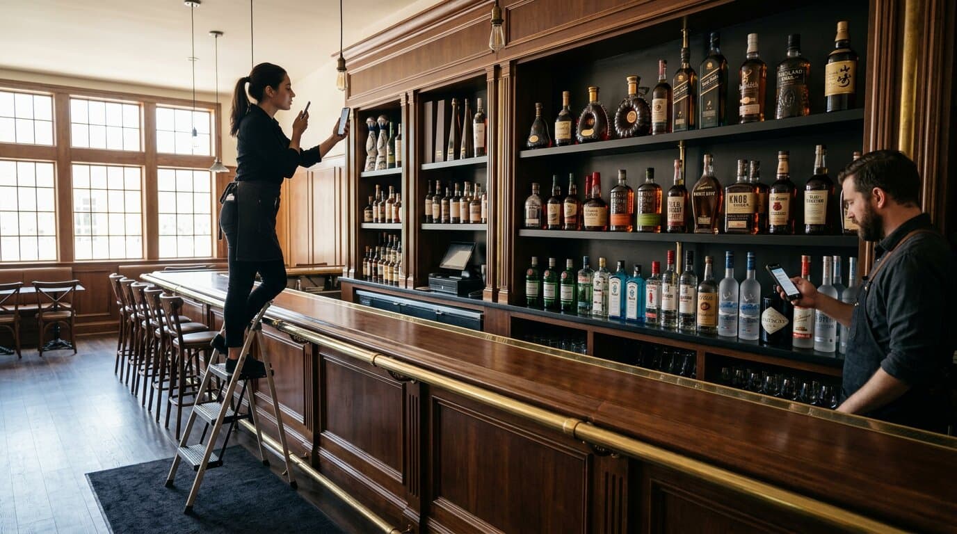 Two bartenders counting inventory by phone behind a well-stocked bar during daytime