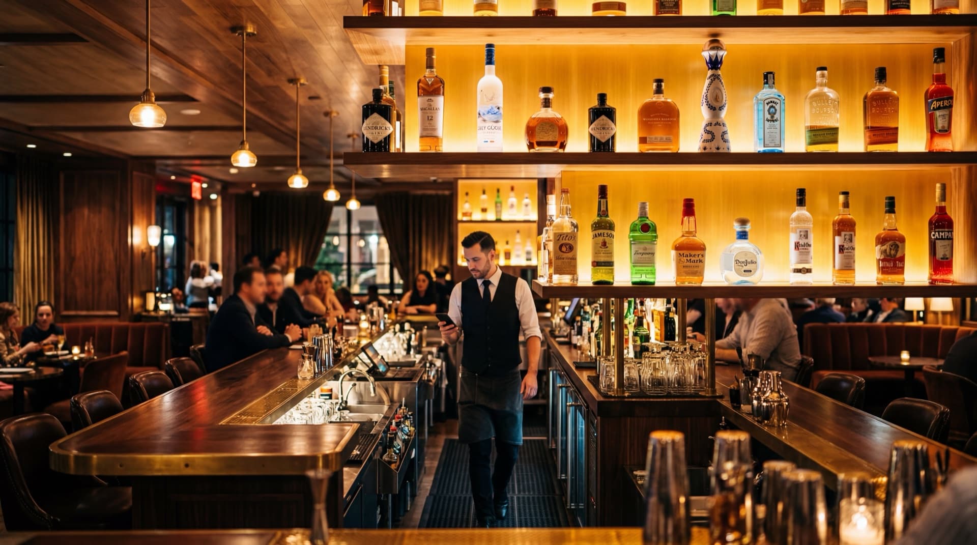 Bartender walking through a beautifully lit upscale bar