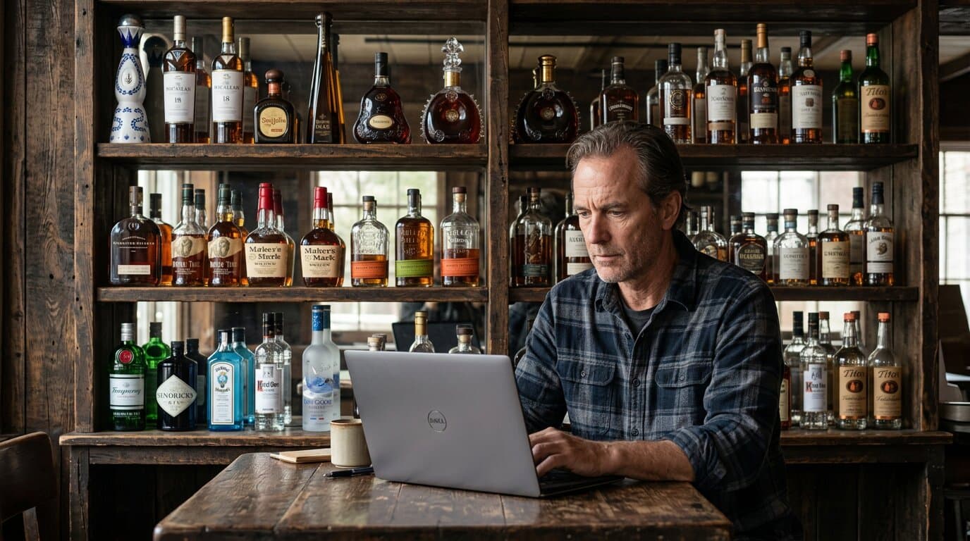 Bar owner reviewing Lixor inventory software on laptop at his rustic bar during daytime