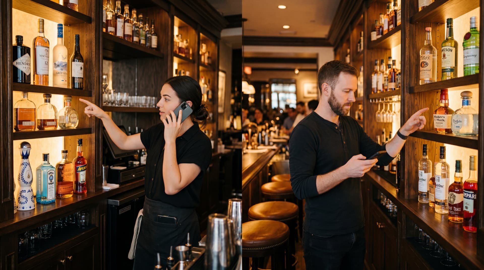 Two bartenders taking inventory simultaneously in different bar sections