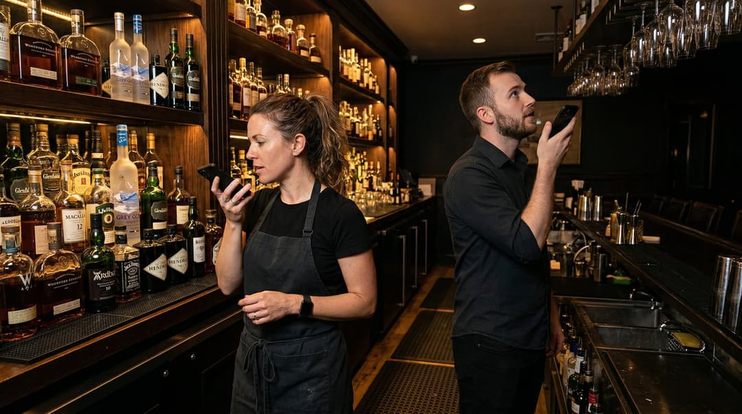 Team inventory: multiple bartenders taking inventory on mobile