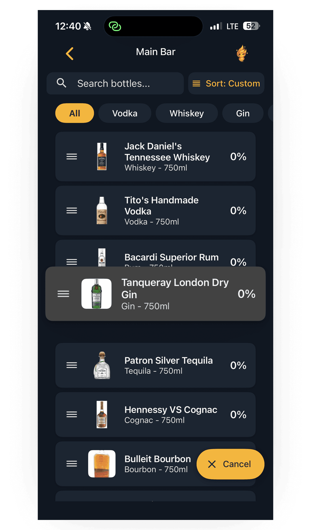 Lixor app showing drag-to-reorder of bottles within an Area