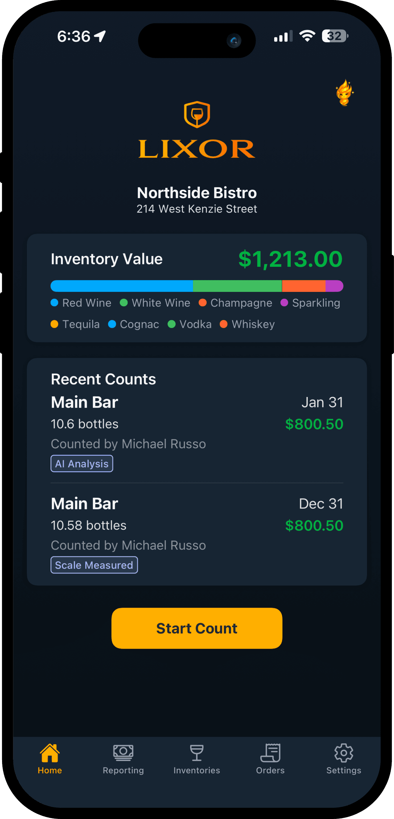 Lixor mobile dashboard showing inventory value, recent inventories, and team inventory status