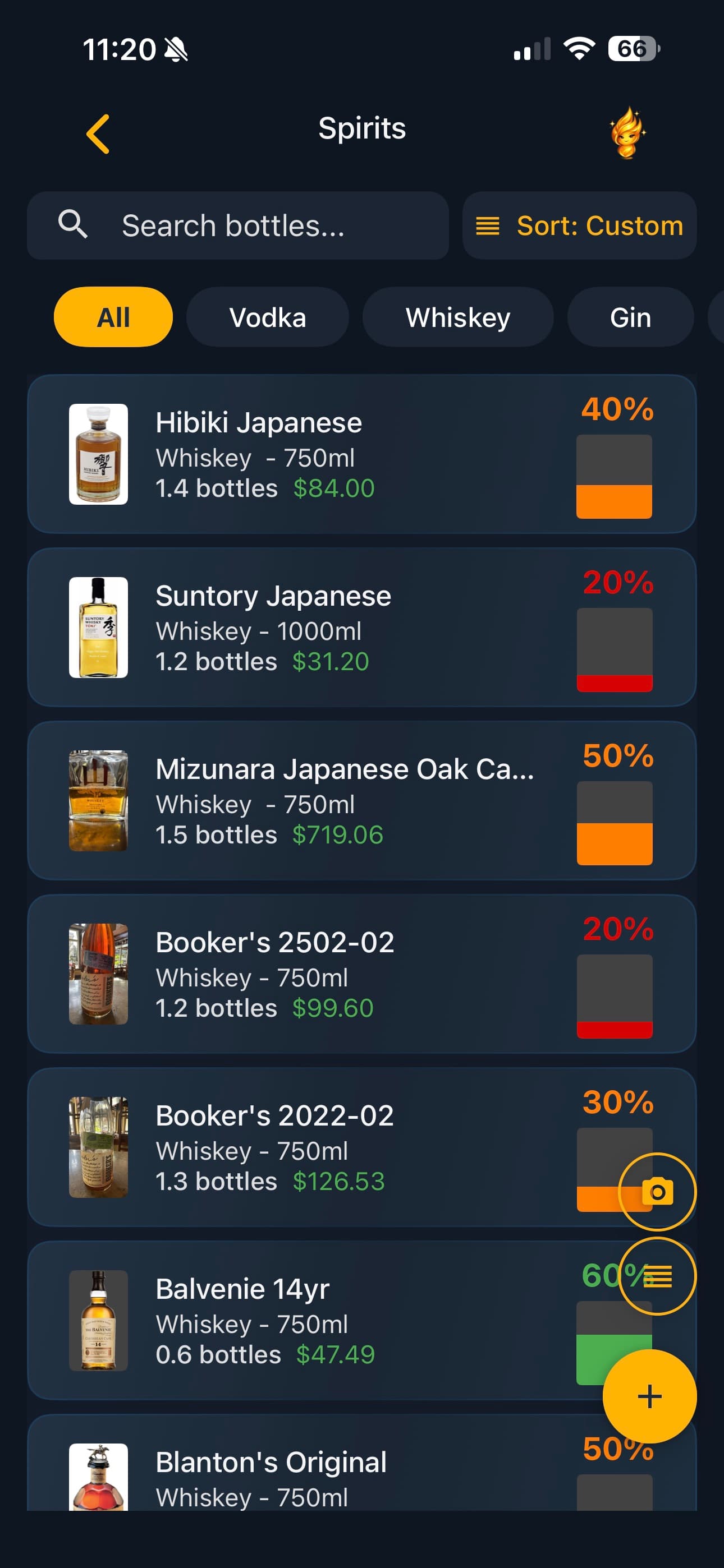 Lixor bar inventory app bottle list with photos and fill levels
