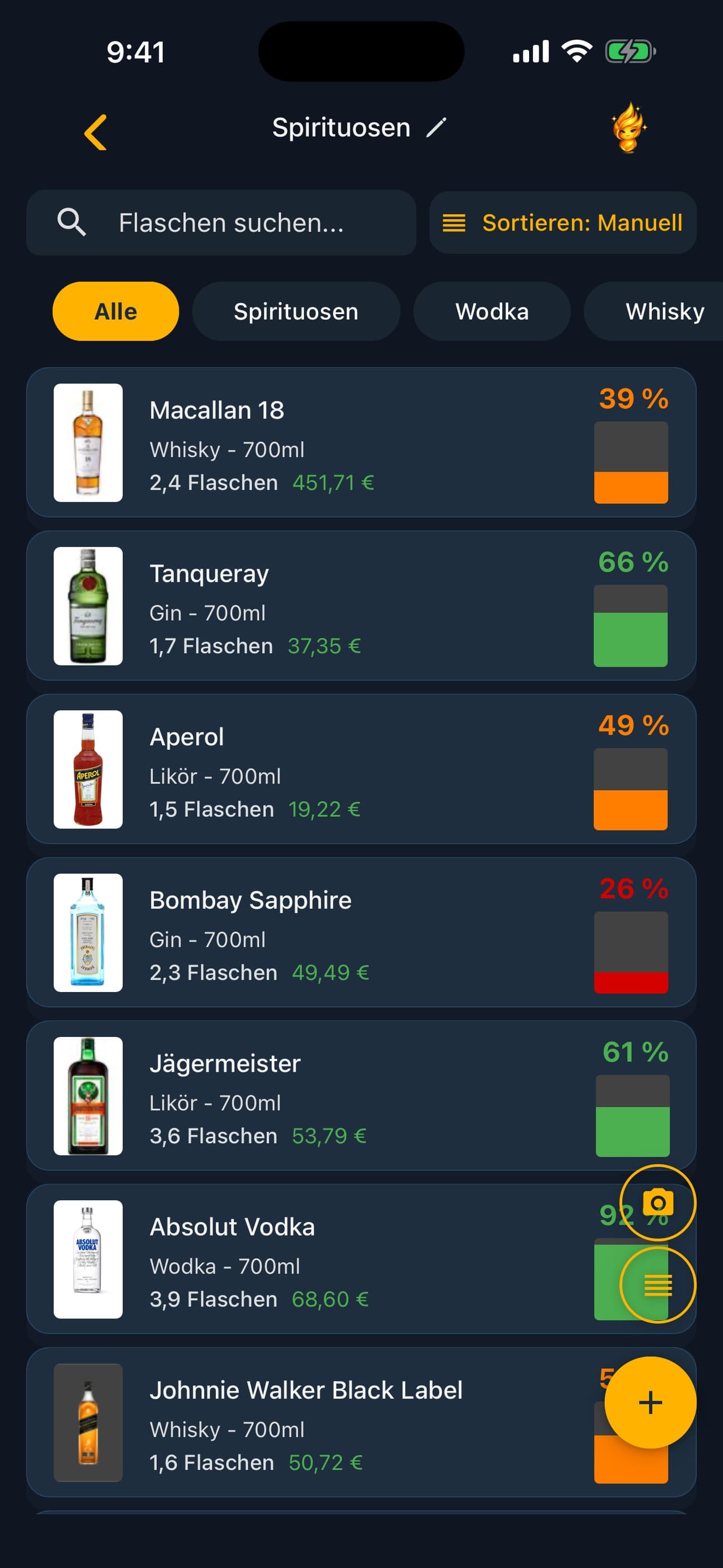 Flaschenliste der Lixor-Bar-Inventur-App mit Fotos und Füllständen