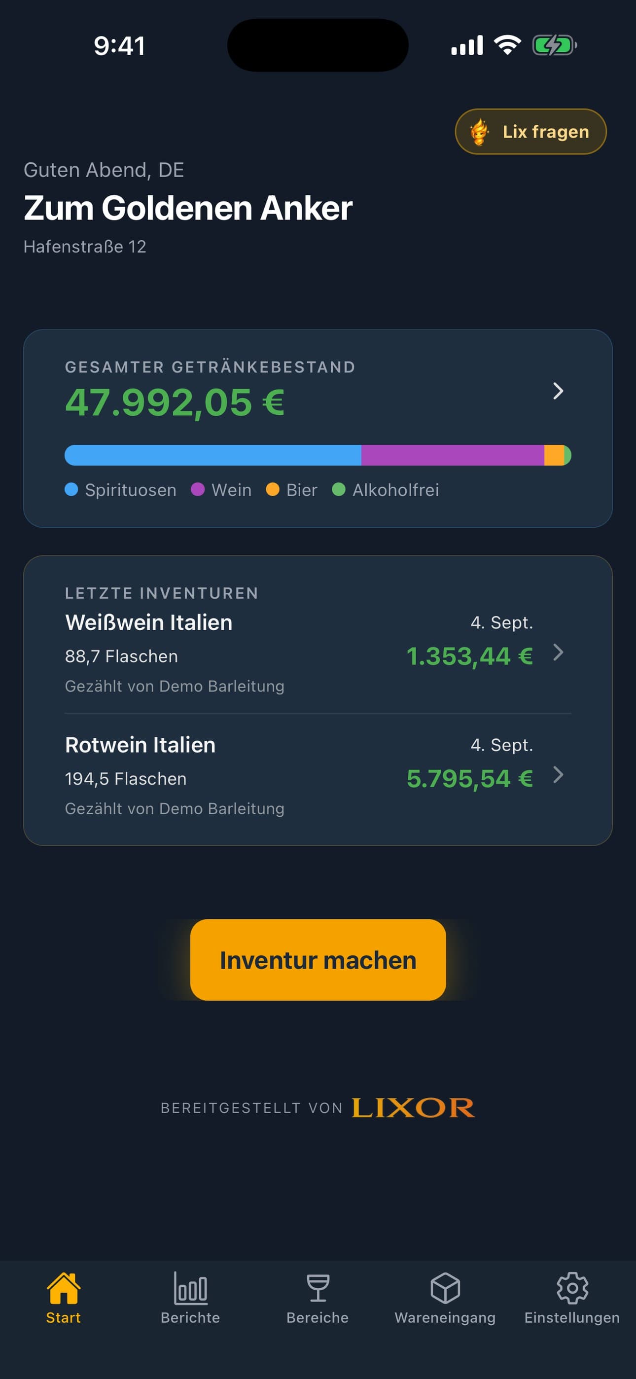 Startbildschirm der Lixor-Bar-Inventur-App auf dem iPhone
