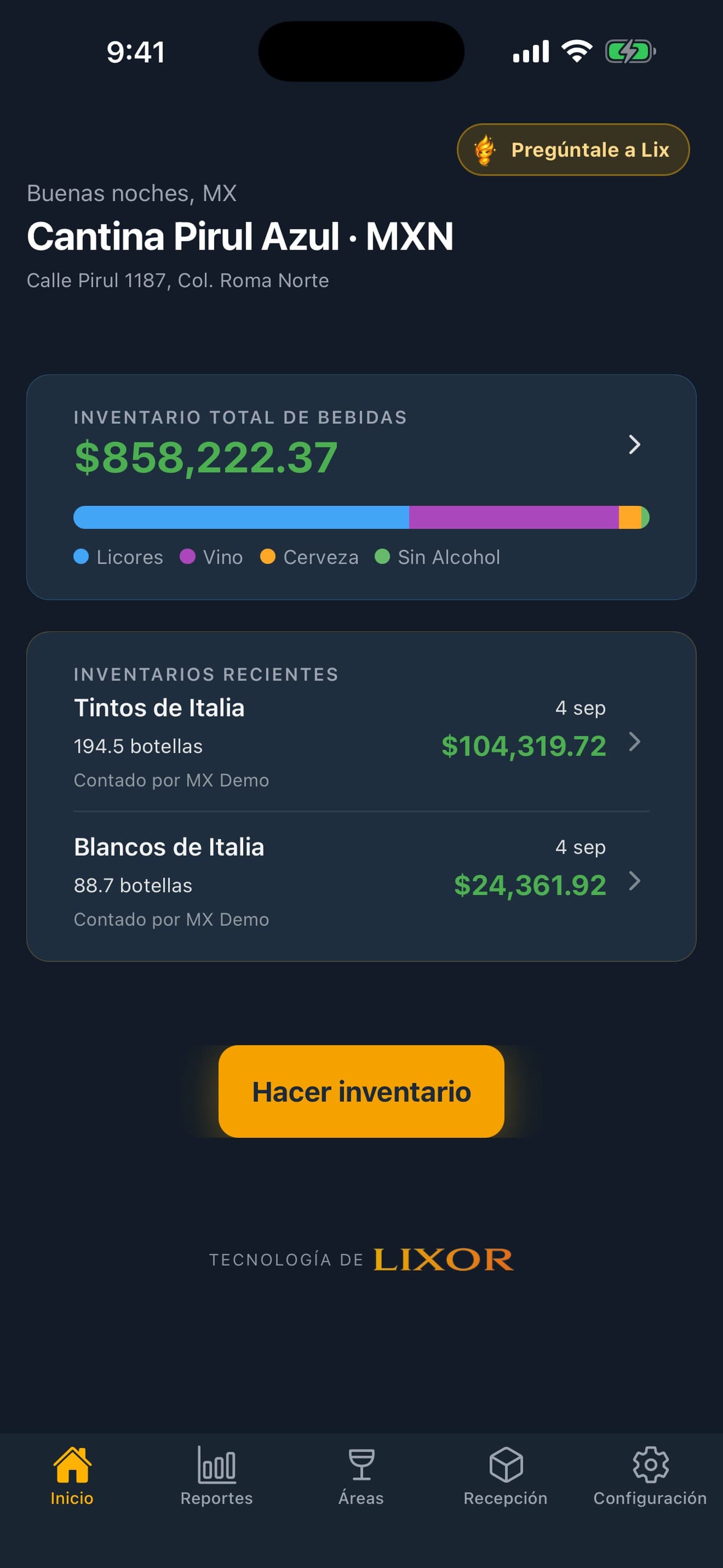 Pantalla de inicio de la app de inventario de bar Lixor en un iPhone