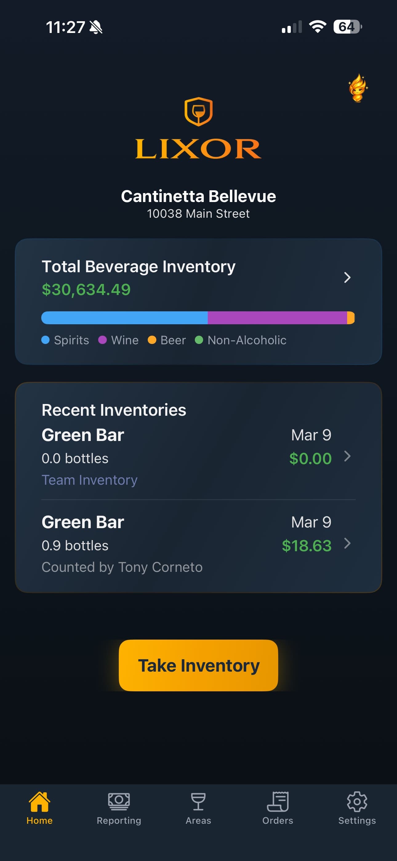 Lixor bar inventory app home dashboard on iPhone