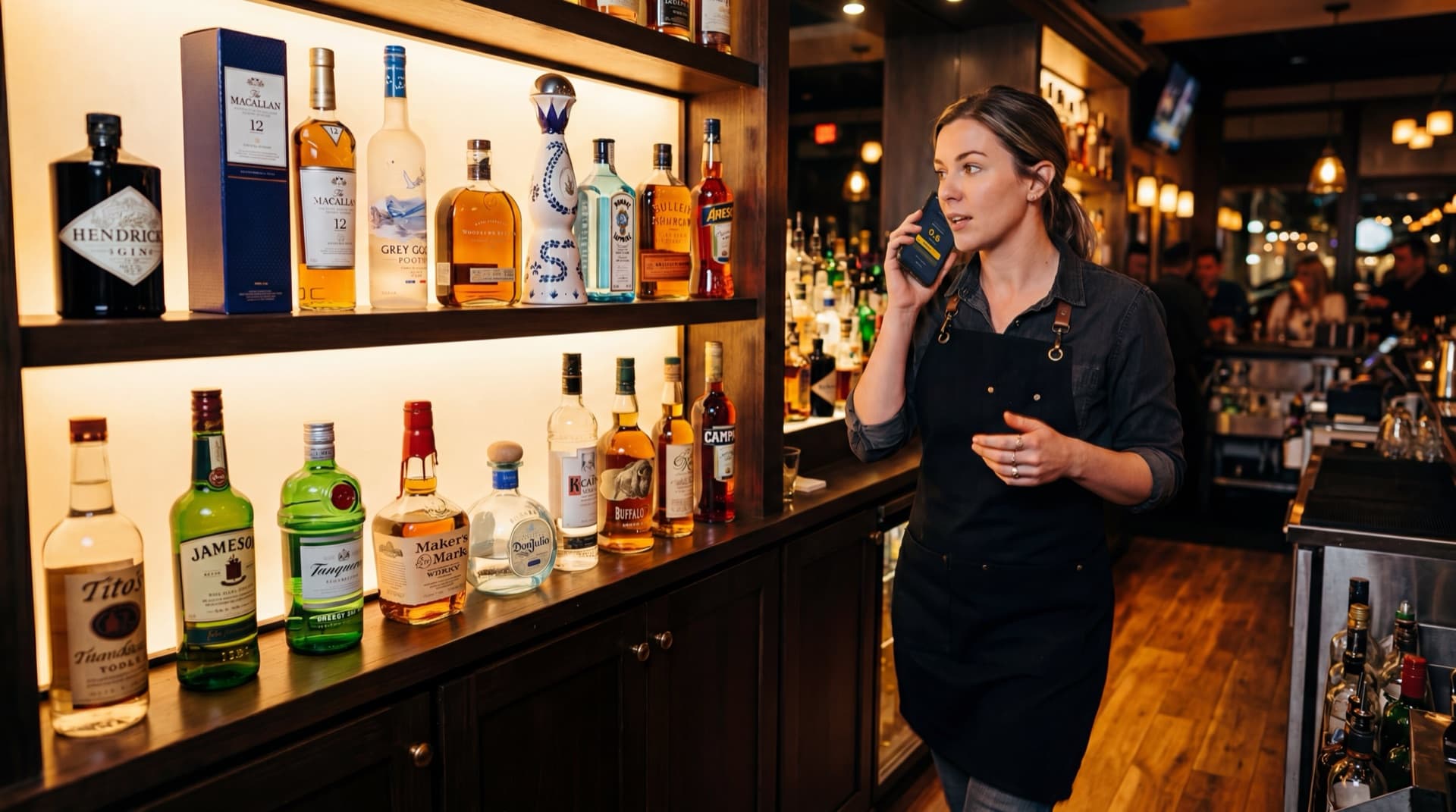 Bartender using Lixor voice inventory app behind a bar