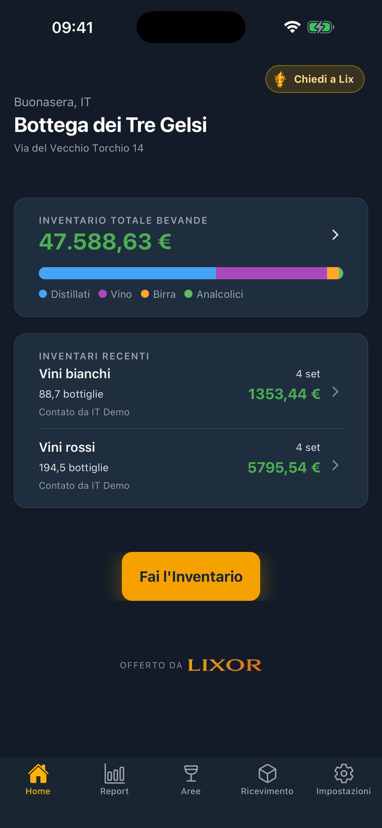 Dashboard iniziale dell'app Lixor per l'inventario del bar su iPhone