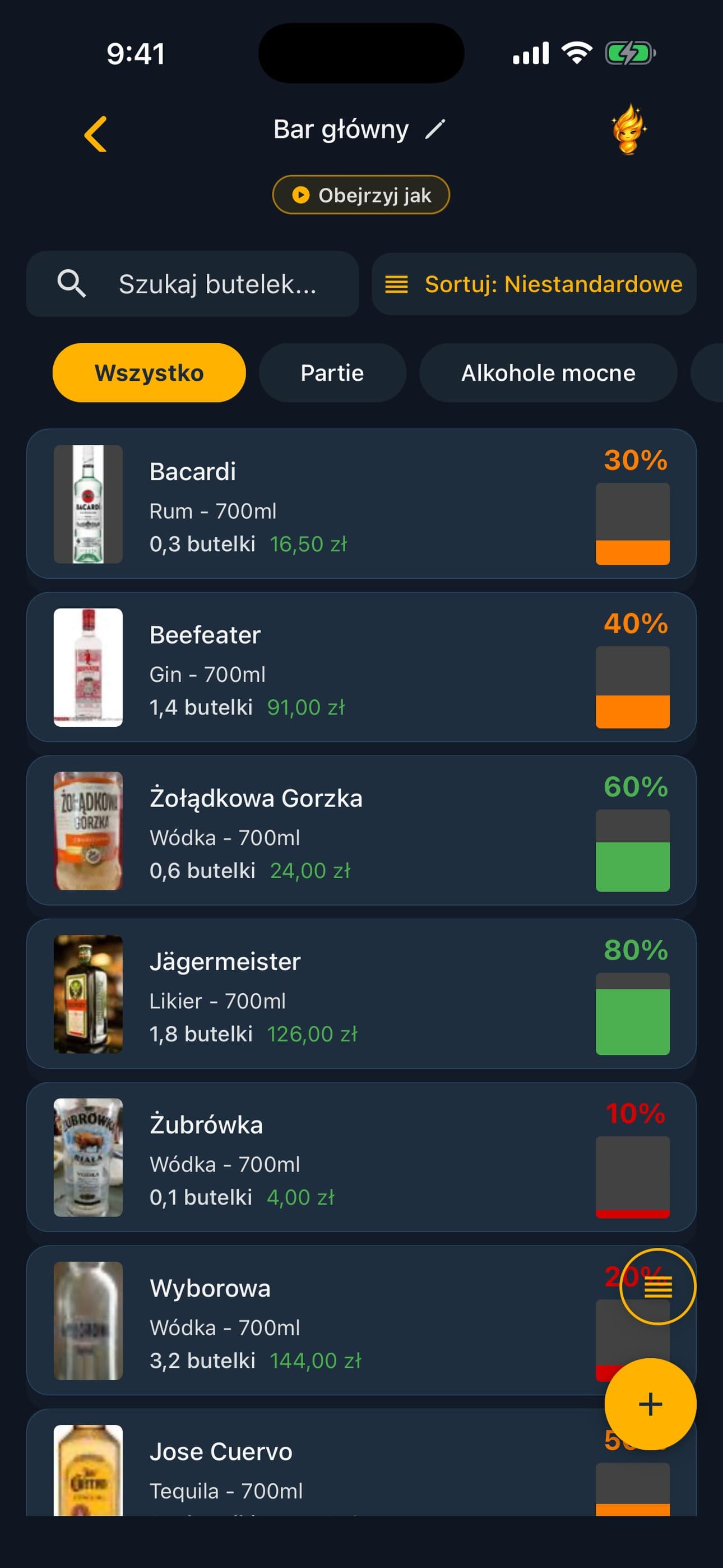 Lista butelek w aplikacji Lixor do inwentaryzacji baru, ze zdjęciami i poziomami napełnienia