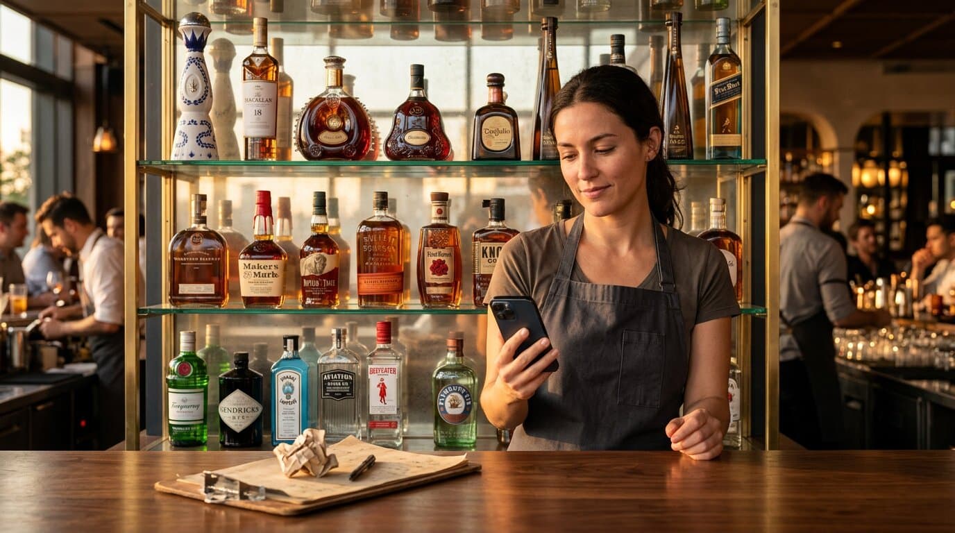 Bartender using Lixor bar inventory app on phone with clipboard pushed aside
