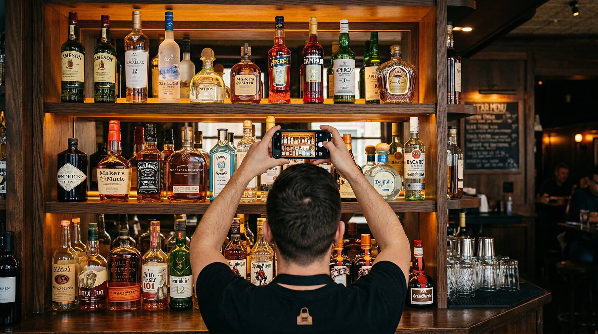 Bartender photographing bar shelf with Lixor app for AI bottle recognition