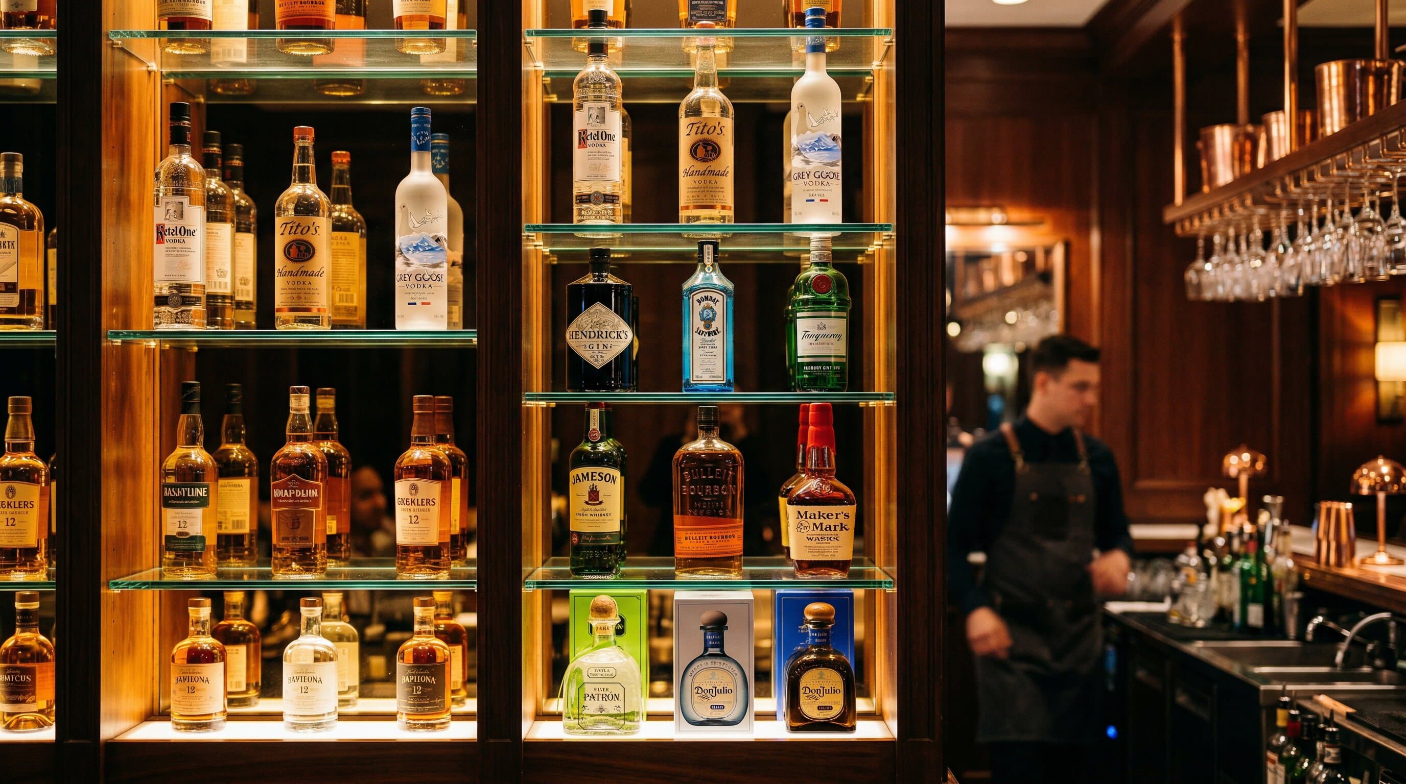 Well-organized back bar with premium bottles arranged in order on illuminated shelves