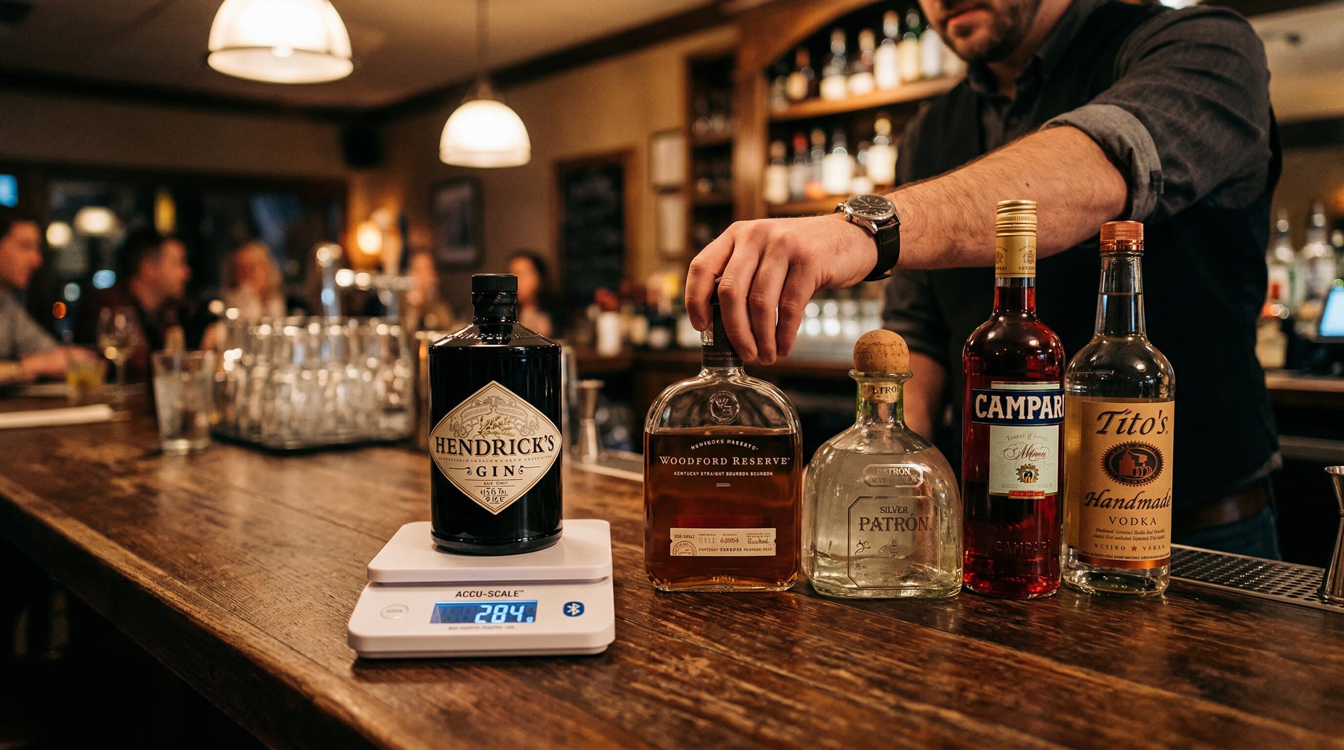 Hendrick's gin on a Bluetooth scale with Woodford Reserve, Patron, Campari, and Tito's lined up for weighing