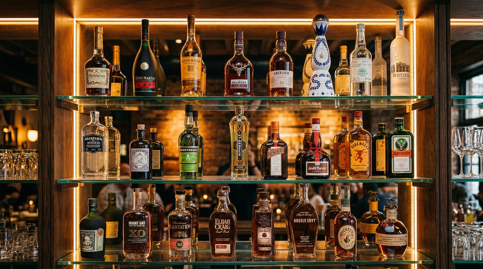 Well-organized bar shelf with bottles arranged for easy inventory counting